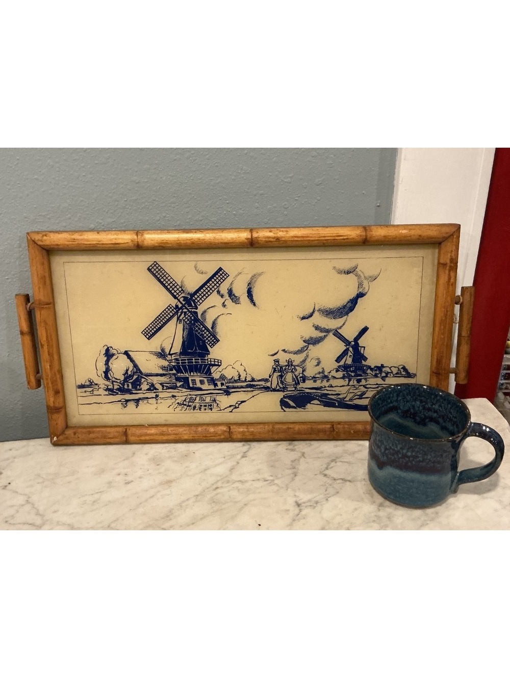 Vintage Dutch Windmill Decorative Serving Tray with Bamboo Frame